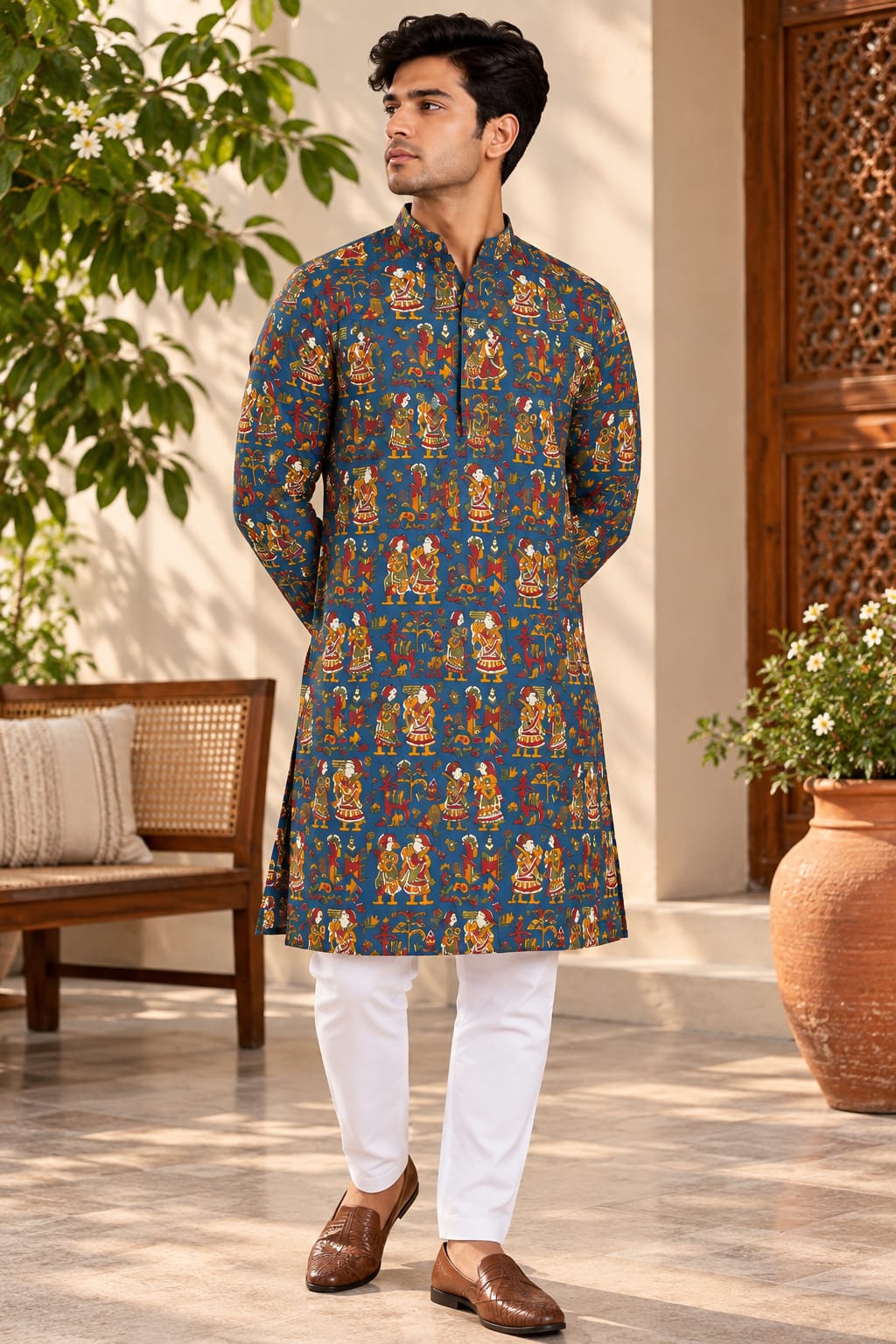 ZARAVYN WEAR Men's Blue Multicolour Printed Ethnic Kurta