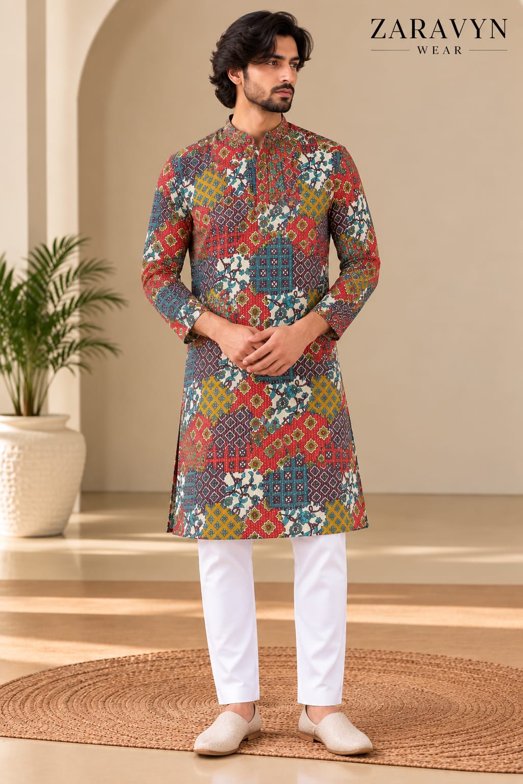 Zaravyn Wear Premium Printed Cotton Linen Long Kurta for Men