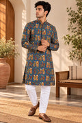 ZARAVYN WEAR Men's Blue Multicolour Printed Ethnic Kurta