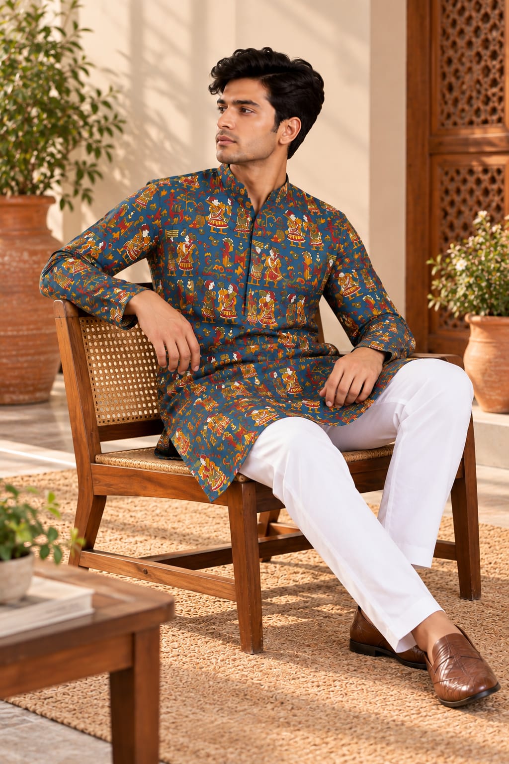 ZARAVYN WEAR Men's Blue Multicolour Printed Ethnic Kurta