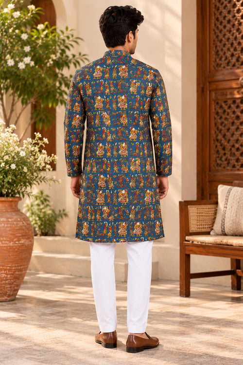 ZARAVYN WEAR Men's Blue Multicolour Printed Ethnic Kurta
