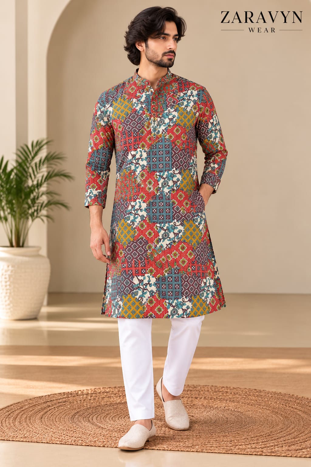 Zaravyn Wear Premium Printed Cotton Linen Long Kurta for Men