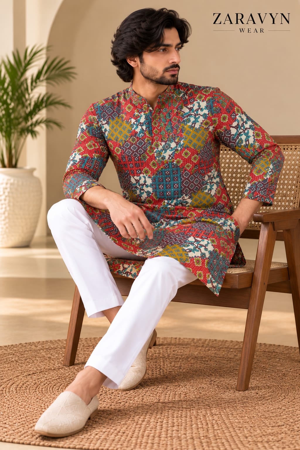 Zaravyn Wear Premium Printed Cotton Linen Long Kurta for Men