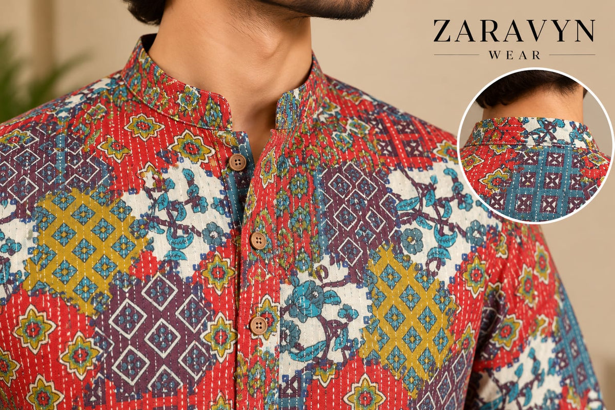 Zaravyn Wear Premium Printed Cotton Linen Long Kurta for Men