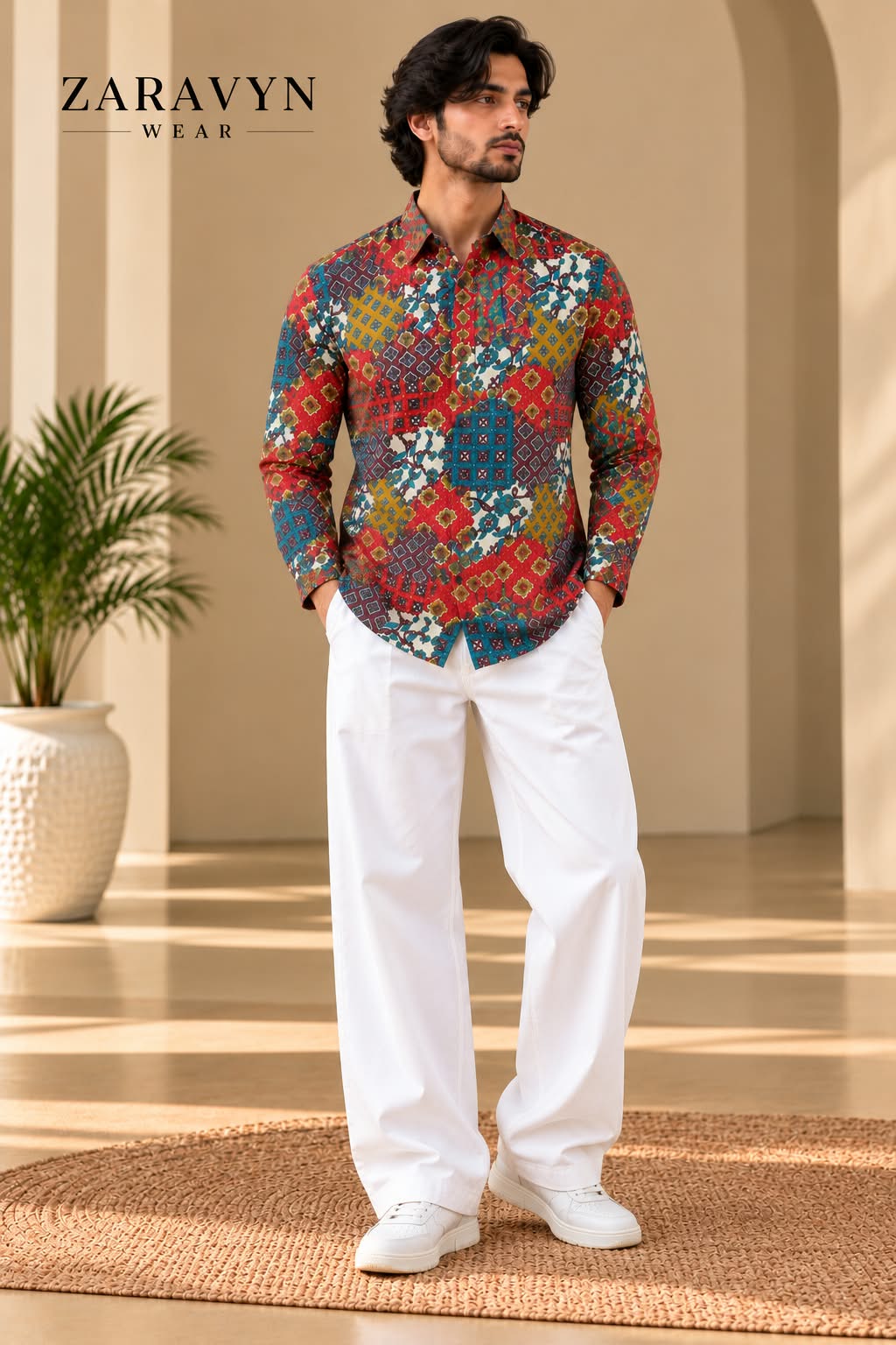 Seated styling view of multicolour shirt