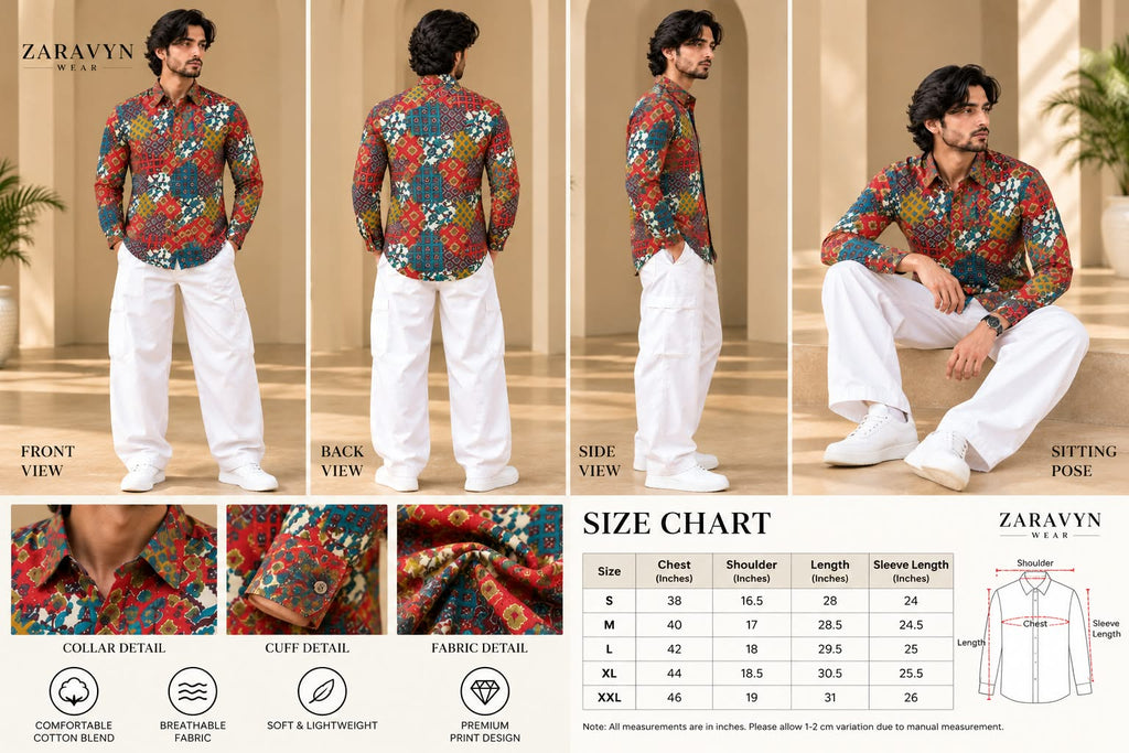 Shirt details and size chart S to XXL