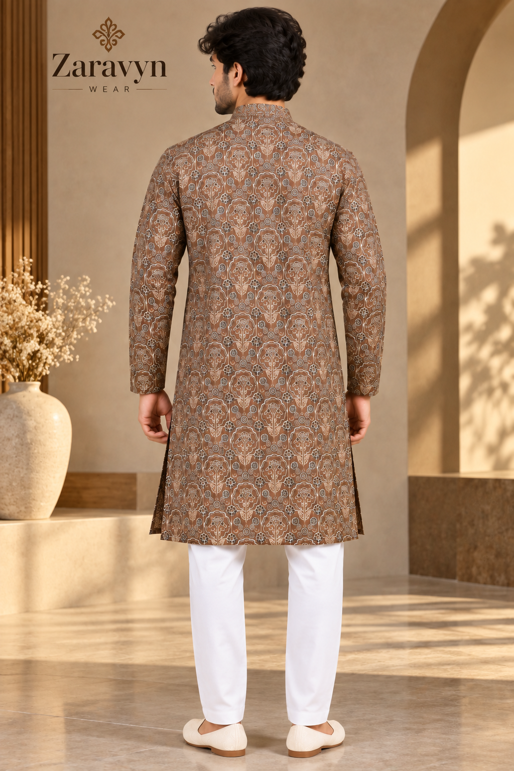 ZARAVYN Men's Brown Floral Print Kurta