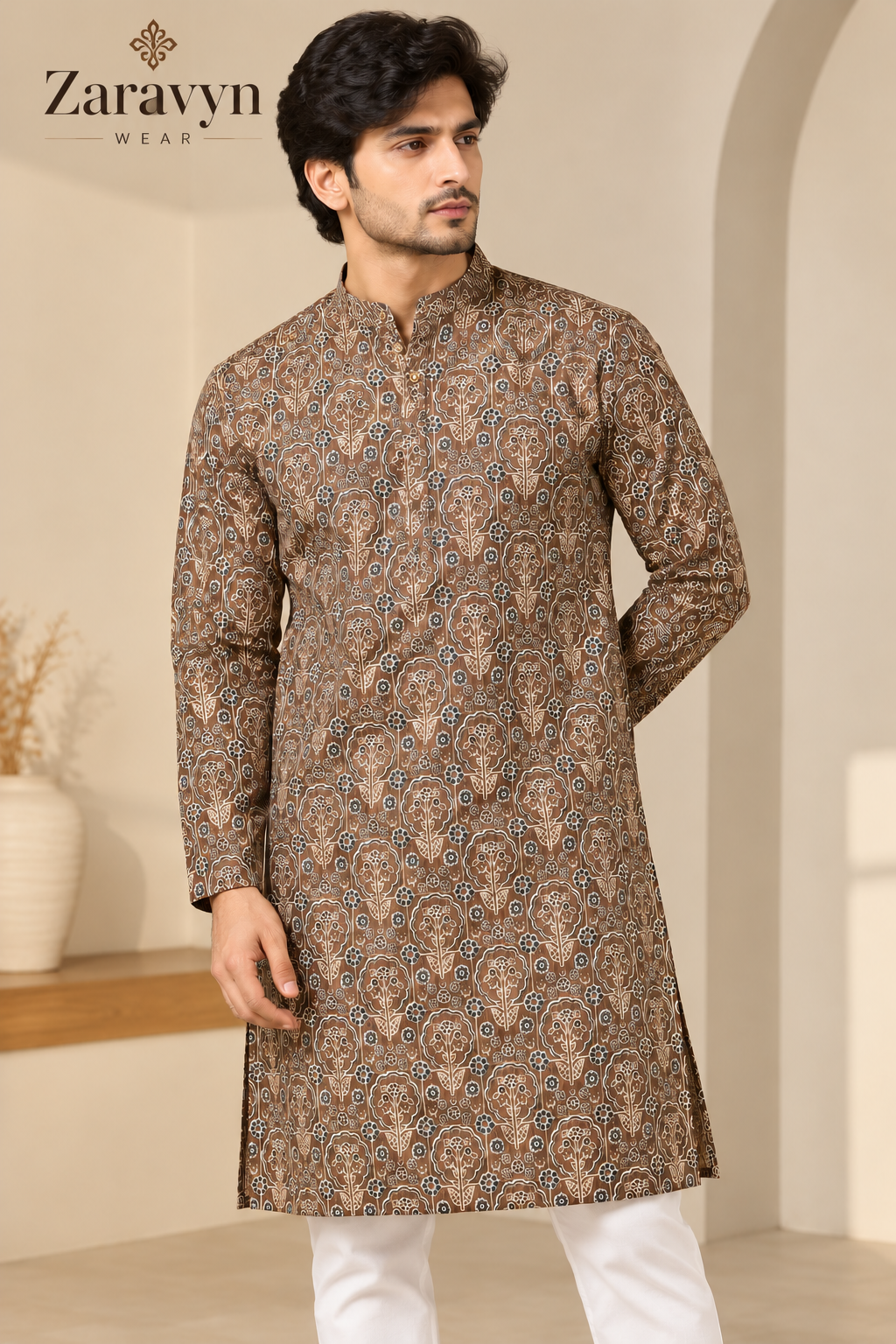 ZARAVYN Men's Brown Floral Print Kurta