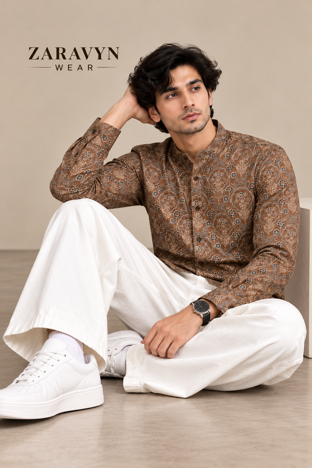 ZARAVYN Men's Brown Printed Mandarin Collar Shirt