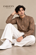 ZARAVYN Men's Brown Printed Mandarin Collar Shirt