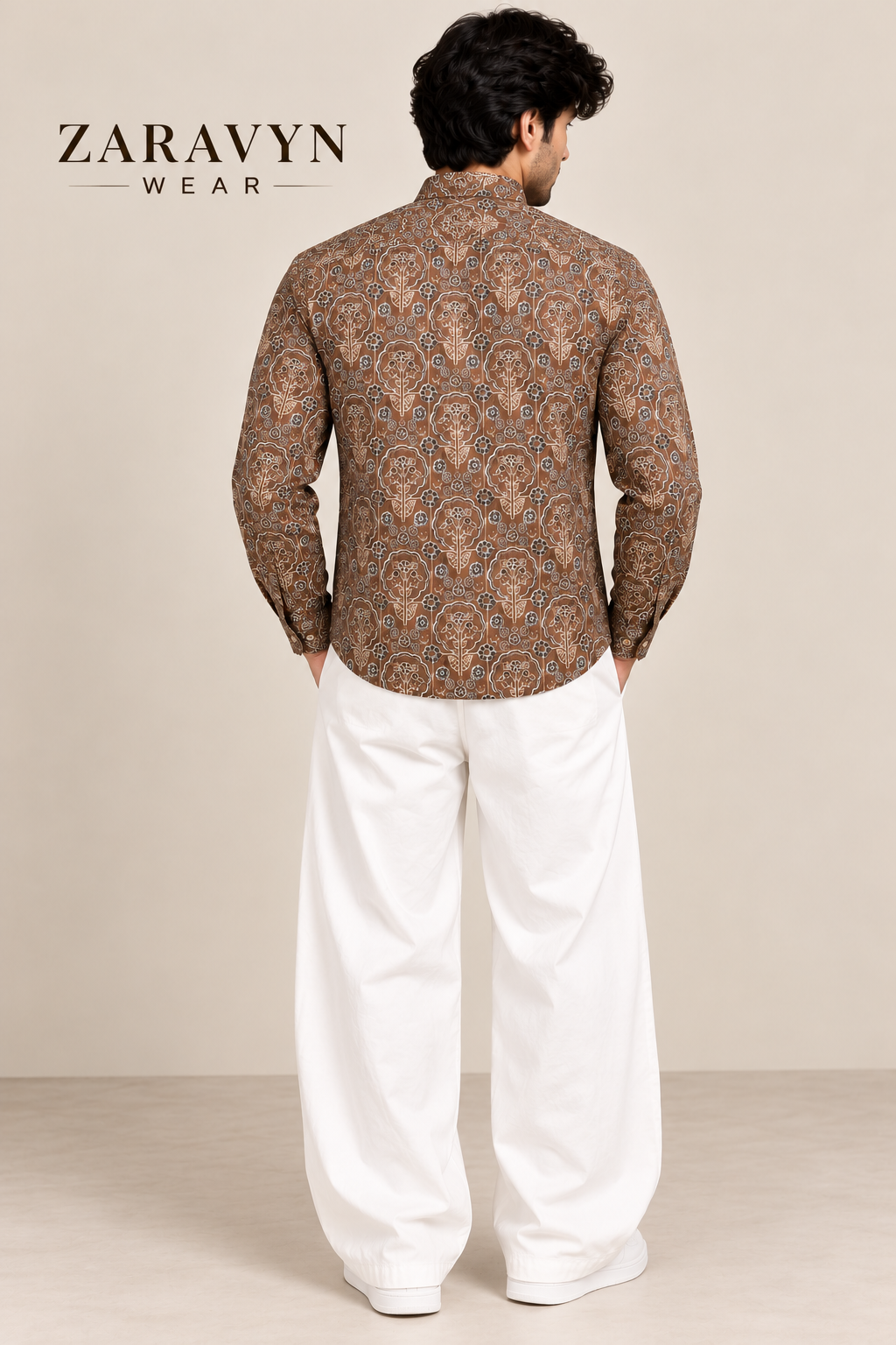 ZARAVYN Men's Brown Printed Mandarin Collar Shirt