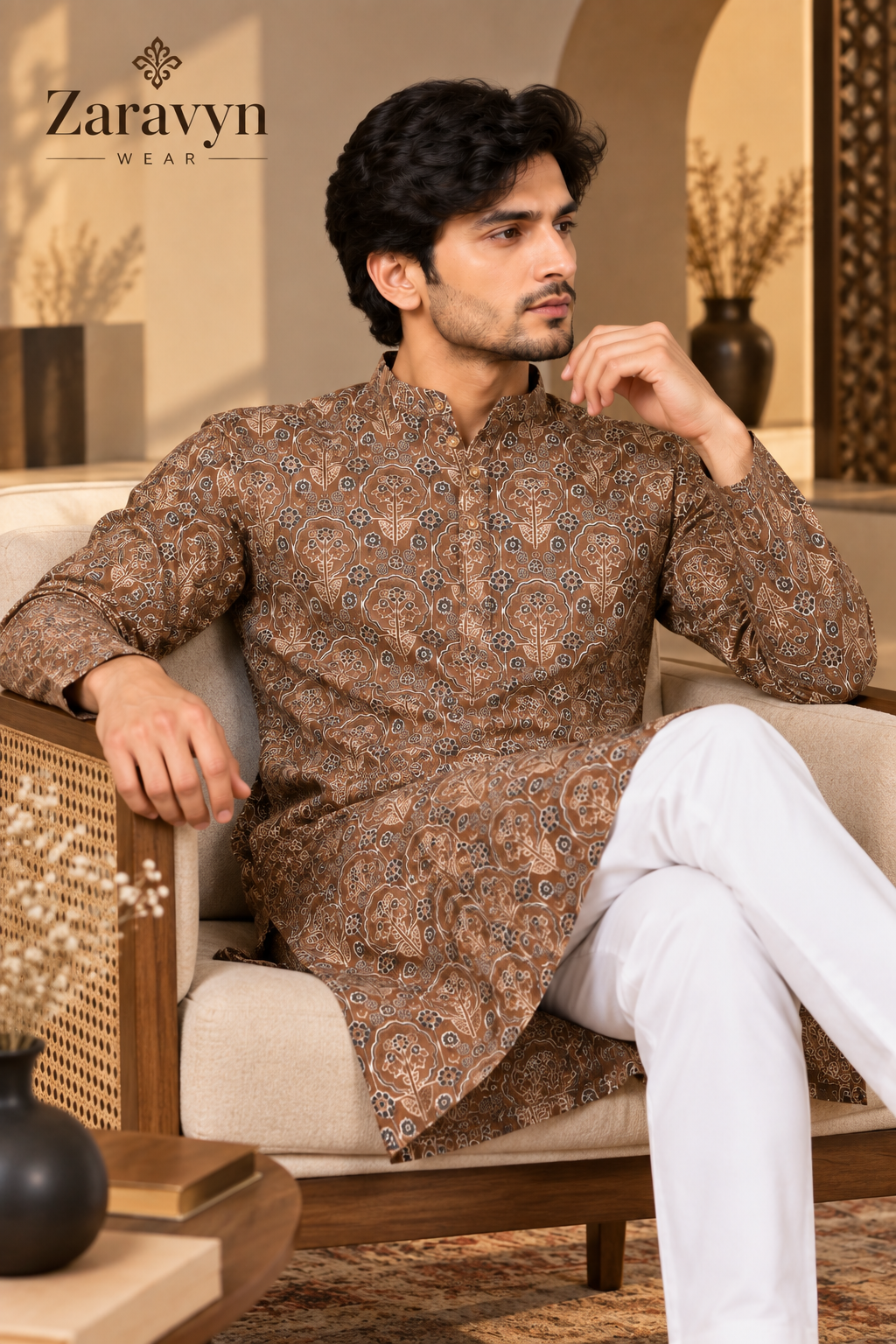 ZARAVYN Men's Brown Floral Print Kurta