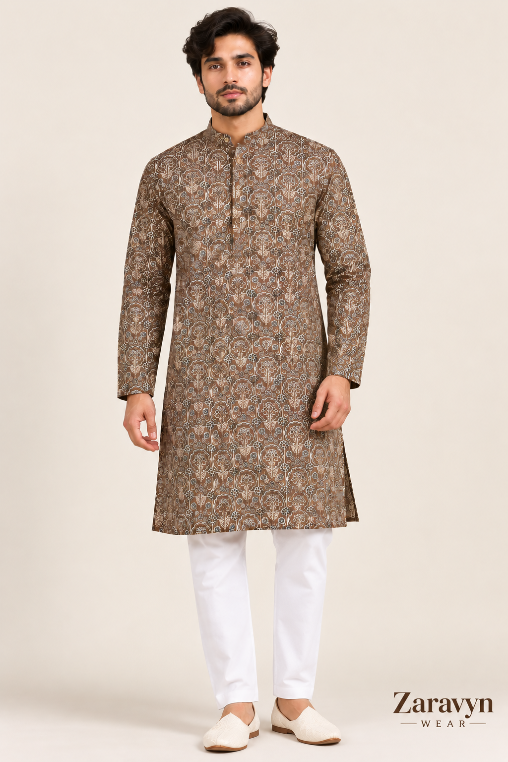 ZARAVYN Men's Brown Floral Print Kurta