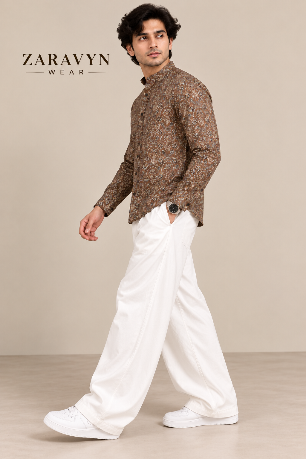 ZARAVYN Men's Brown Printed Mandarin Collar Shirt