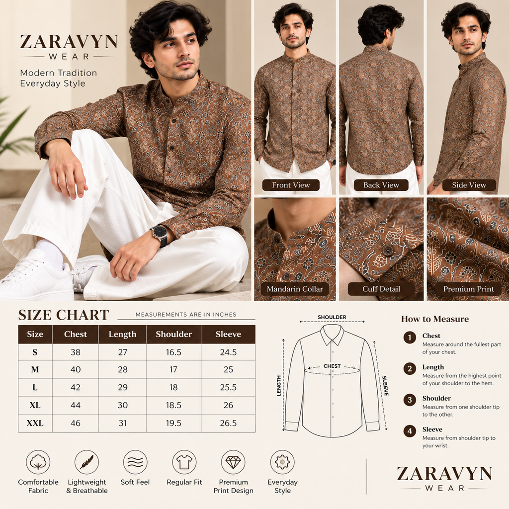 ZARAVYN Men's Brown Printed Mandarin Collar Shirt