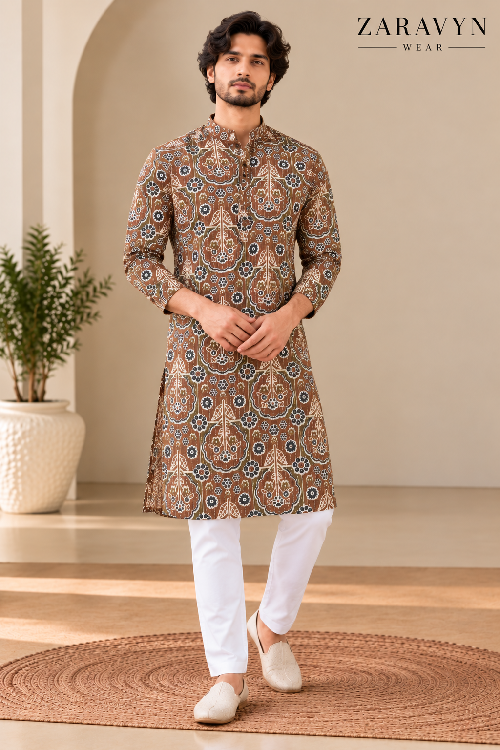 ZARAVYN Men's Brown Floral Print Kurta