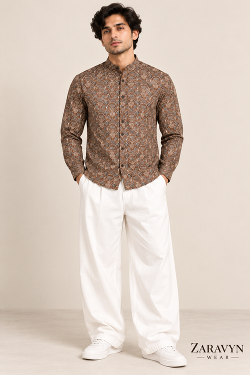 ZARAVYN Men's Brown Printed Mandarin Collar Shirt